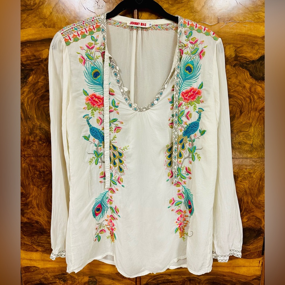 Johnny Was Peacock Embroidered Blouse Size Small